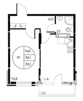 1-к квартира, строящийся дом, 39м2, 15/25 этаж