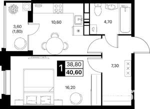 1-к квартира, вторичка, 41м2, 7/20 этаж