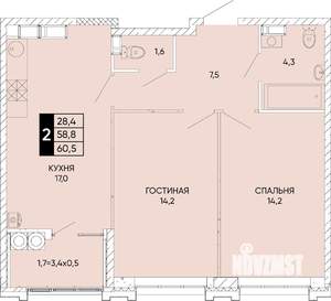 2-к квартира, вторичка, 61м2, 23/24 этаж