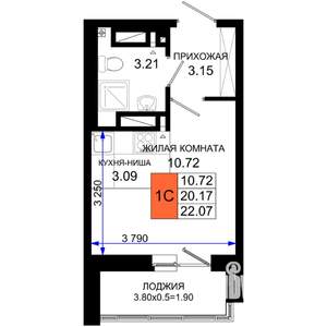 1-к квартира, строящийся дом, 22м2, 24/25 этаж