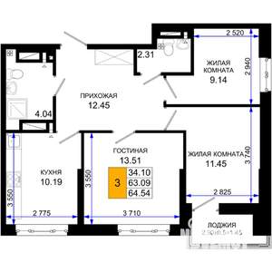 3-к квартира, вторичка, 65м2, 5/25 этаж