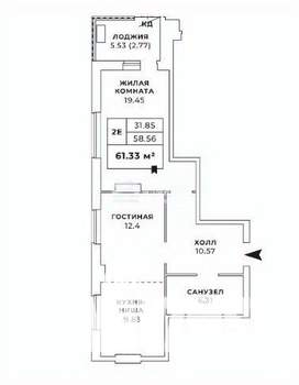 2-к квартира, вторичка, 61м2, 7/24 этаж