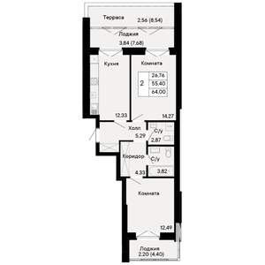 2-к квартира, вторичка, 64м2, 2/8 этаж