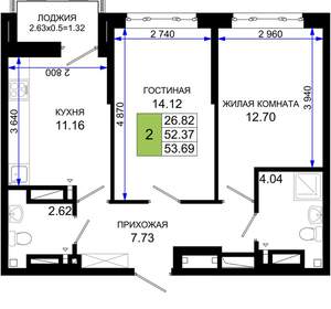 2-к квартира, вторичка, 54м2, 25/25 этаж