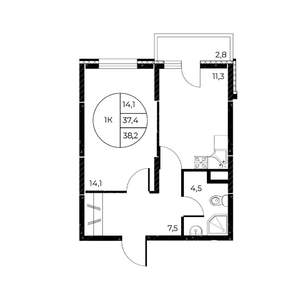 1-к квартира, вторичка, 38м2, 2/25 этаж
