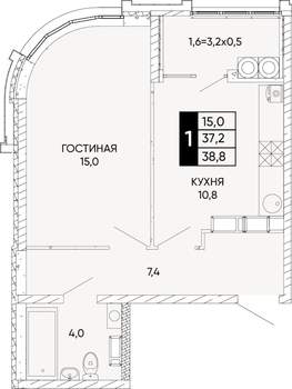 1-к квартира, вторичка, 39м2, 22/24 этаж