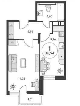 1-к квартира, вторичка, 37м2, 11/24 этаж