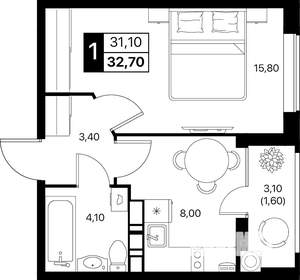 1-к квартира, вторичка, 33м2, 8/12 этаж