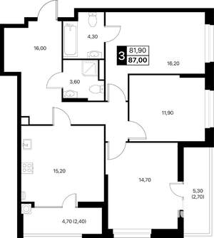 3-к квартира, вторичка, 87м2, 2/12 этаж