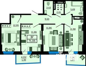 3-к квартира, строящийся дом, 70м2, 20/25 этаж