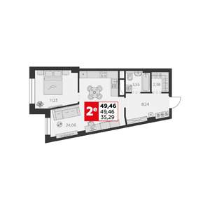 2-к квартира, строящийся дом, 49м2, 1/22 этаж