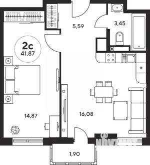 2-к квартира, вторичка, 42м2, 24/25 этаж