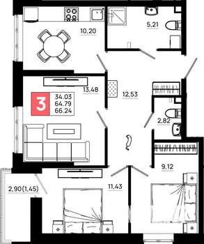 3-к квартира, вторичка, 66м2, 2/21 этаж