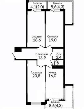 3-к квартира, вторичка, 94м2, 19/25 этаж