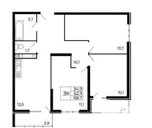 3-к квартира, вторичка, 65м2, 6/19 этаж