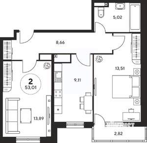 2-к квартира, вторичка, 53м2, 23/25 этаж