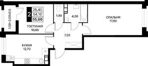 2-к квартира, вторичка, 56м2, 8/12 этаж