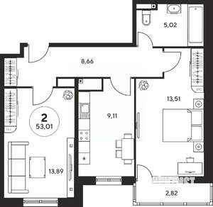 2-к квартира, вторичка, 53м2, 18/25 этаж