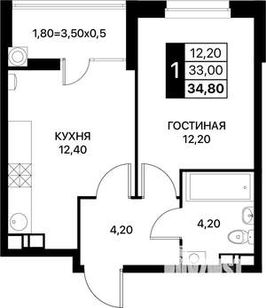 1-к квартира, вторичка, 35м2, 6/12 этаж