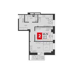 2-к квартира, строящийся дом, 61м2, 8/22 этаж