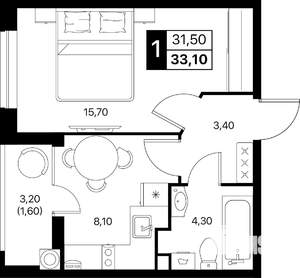 1-к квартира, вторичка, 33м2, 2/12 этаж
