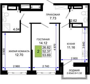 2-к квартира, вторичка, 54м2, 17/25 этаж