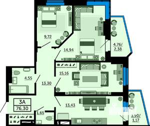 3-к квартира, сданный дом, 76м2, 7/26 этаж
