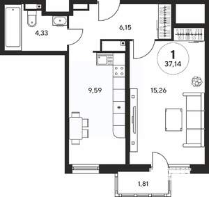 1-к квартира, вторичка, 37м2, 22/25 этаж