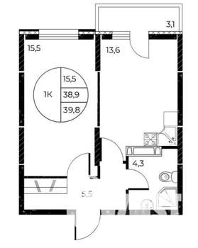 1-к квартира, строящийся дом, 40м2, 23/25 этаж