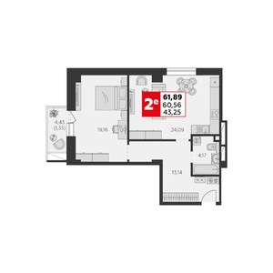 2-к квартира, строящийся дом, 62м2, 22/22 этаж