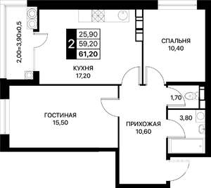 2-к квартира, вторичка, 61м2, 15/18 этаж