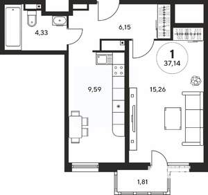 1-к квартира, вторичка, 37м2, 23/25 этаж