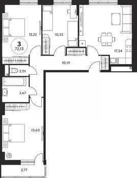 3-к квартира, вторичка, 72м2, 24/25 этаж