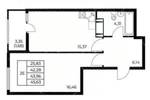 1-к квартира, вторичка, 46м2, 7/25 этаж
