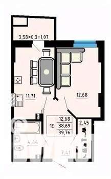 1-к квартира, вторичка, 39м2, 21/25 этаж