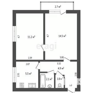 2-к квартира, вторичка, 40м2, 1/5 этаж