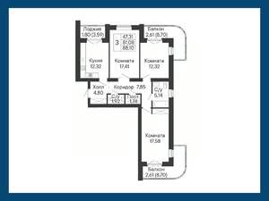 3-к квартира, вторичка, 88м2, 3/8 этаж