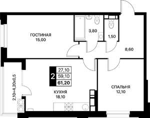 2-к квартира, строящийся дом, 61м2, 18/20 этаж