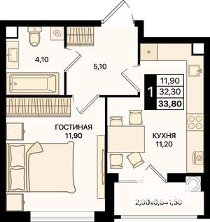 1-к квартира, вторичка, 34м2, 2/15 этаж