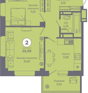 2-к квартира, вторичка, 55м2, 16/24 этаж