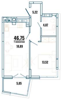1-к квартира, строящийся дом, 47м2, 1/4 этаж