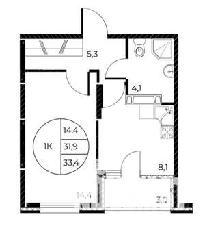 1-к квартира, строящийся дом, 33м2, 9/25 этаж