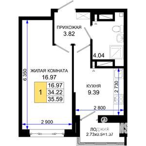 1-к квартира, строящийся дом, 36м2, 21/25 этаж