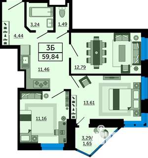 3-к квартира, строящийся дом, 60м2, 11/24 этаж