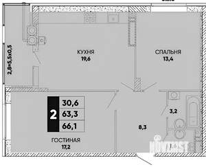 2-к квартира, вторичка, 66м2, 9/12 этаж