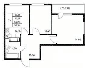 2-к квартира, вторичка, 57м2, 8/25 этаж