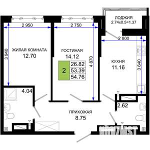 2-к квартира, вторичка, 55м2, 6/25 этаж