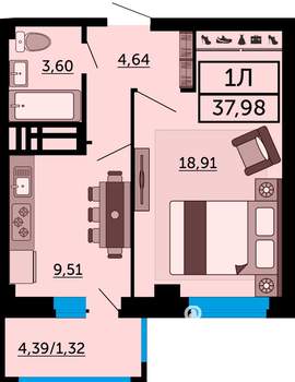 1-к квартира, сданный дом, 39м2, 20/25 этаж