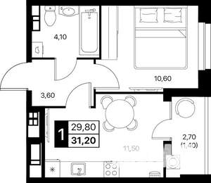 1-к квартира, строящийся дом, 31м2, 11/12 этаж