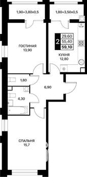 2-к квартира, вторичка, 59м2, 2/20 этаж